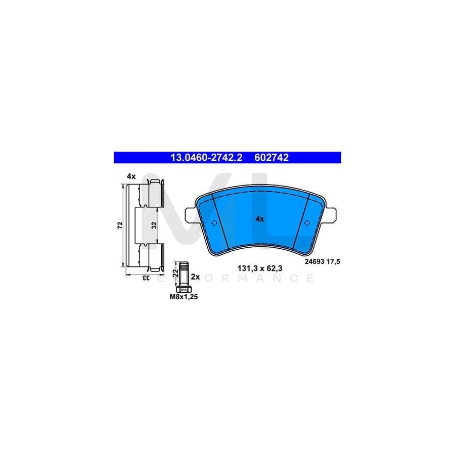 ATE 13.0460-2742.2 Brake pad set excl. wear warning contact, not prepared for wear indicator, with brake caliper screws, with accessories