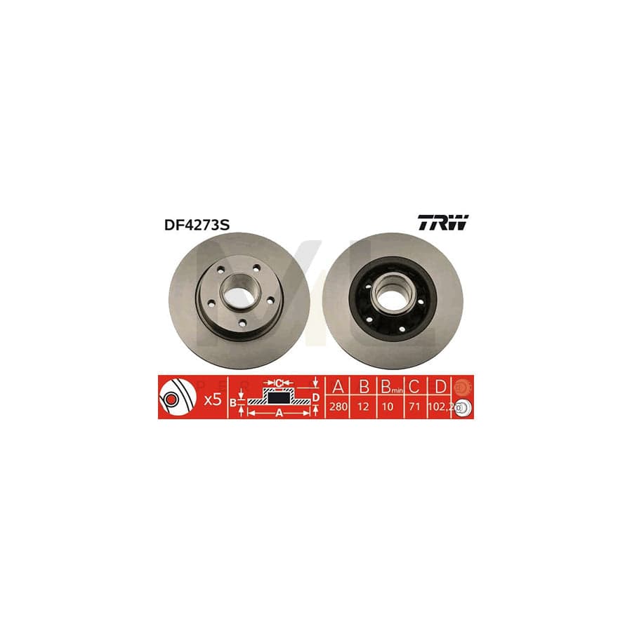TRW DF4273S Brake Disc Solid, Painted, without ABS sensor ring, without wheel bearing  - 1 piece