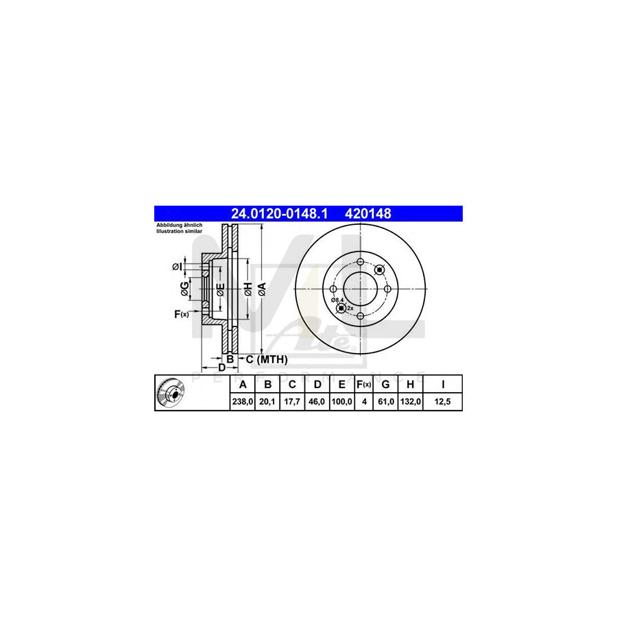 ATE 24.0120-0148.1 Brake Disc Vented  - 1 piece