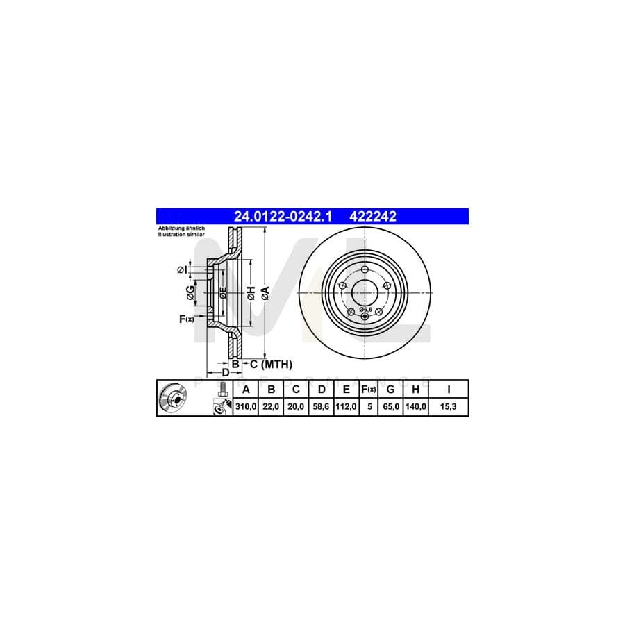 ATE 24.0122-0242.1 Brake Disc for AUDI TT Vented, Coated, High-carbon, with bolts/screws  - 1 piece