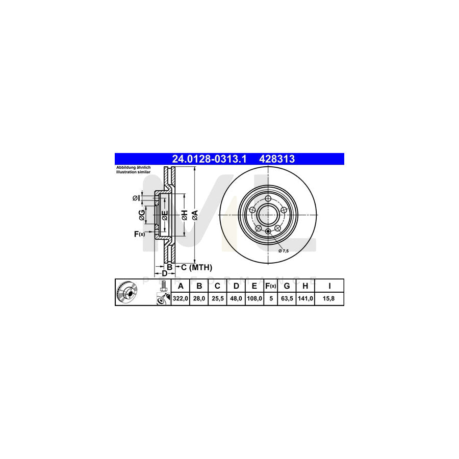 ATE 24.0128-0313.1 Brake Disc Vented, Coated, High-carbon, with bolts/screws  - 1 piece