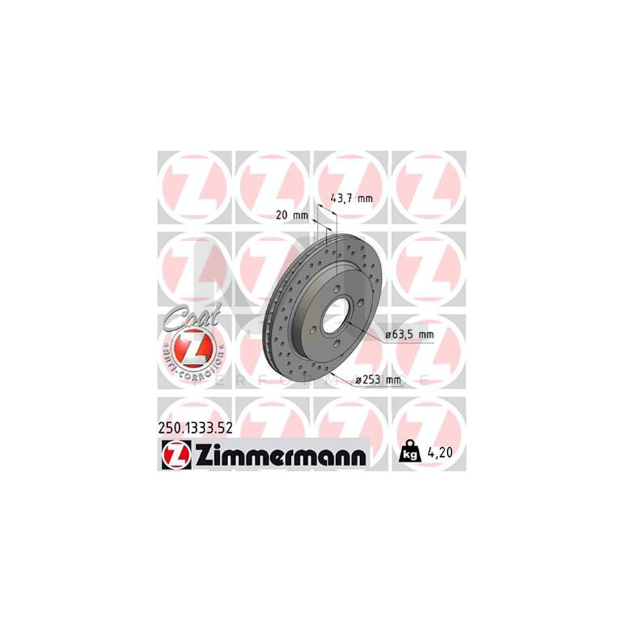 ZIMMERMANN SPORT COAT Z 250.1333.52 Brake Disc Internally Vented, Perforated, Coated  - 1 piece