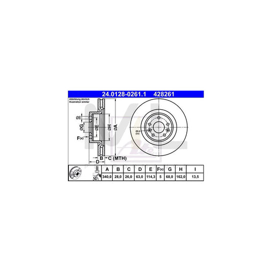 ATE 24.0128-0261.1 Brake Disc for RENAULT Megane III Coupe (DZ) Vented, Coated, Alloyed / High-carbon, with bolts/screws  - 1 piece