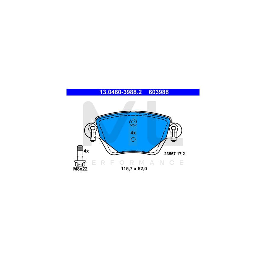 ATE 13.0460-3988.2 Brake pad set excl. wear warning contact, not prepared for wear indicator, with brake caliper screws