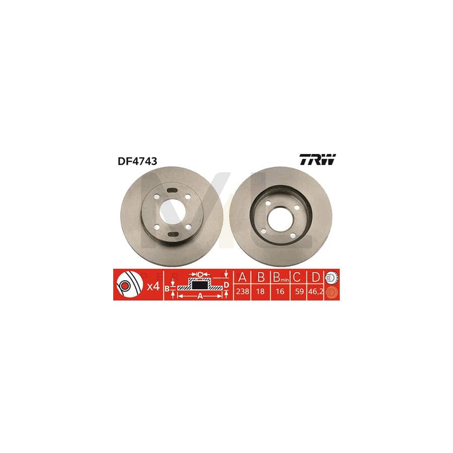 TRW DF4743 Brake Disc for NISSAN Micra II Hatchback (K11) Vented, Painted  - 1 piece