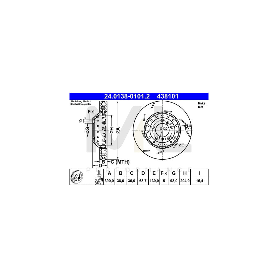 ATE 24.0138-0101.2 Brake Disc for PORSCHE Panamera (970) Slotted / Internally Vented, Two-piece brake disc, Coated, Alloyed / High-carbon, with bolts/screws