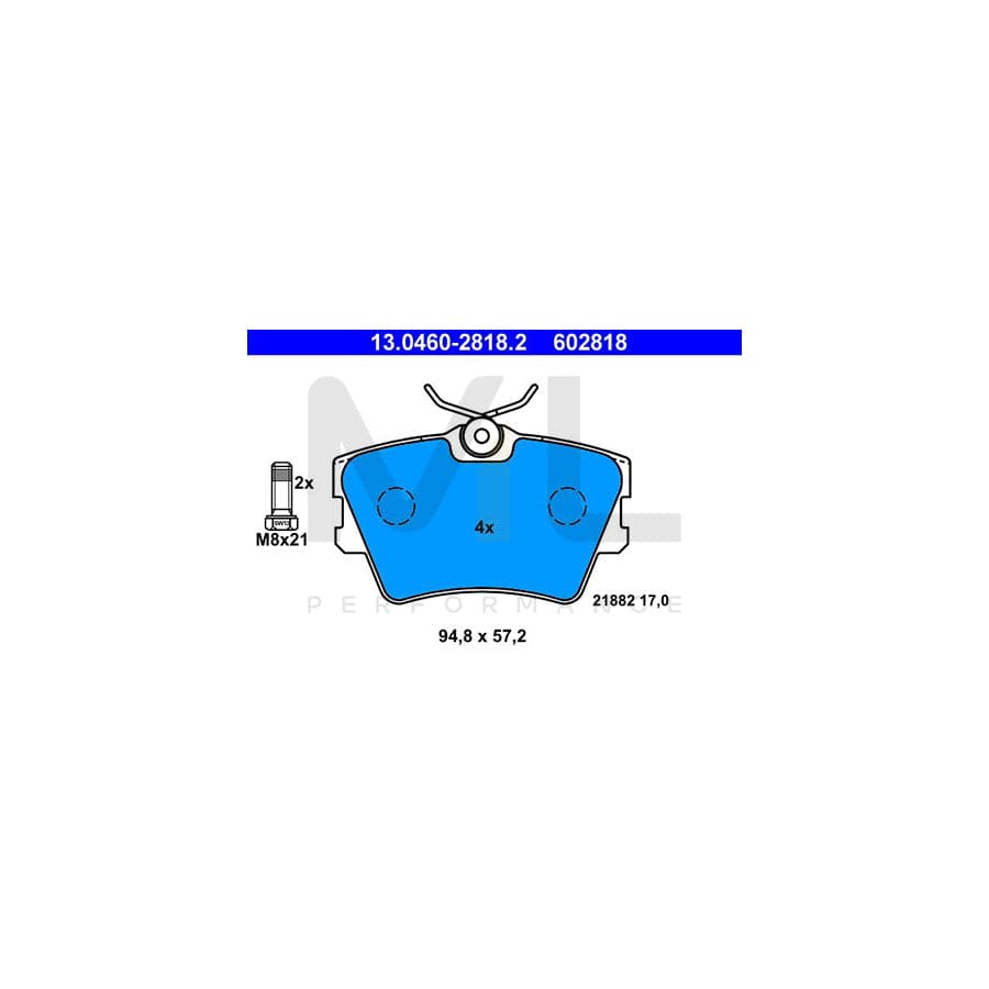 ATE 13.0460-2818.2 Brake pad set for VW TRANSPORTER excl. wear warning contact, with brake caliper screws