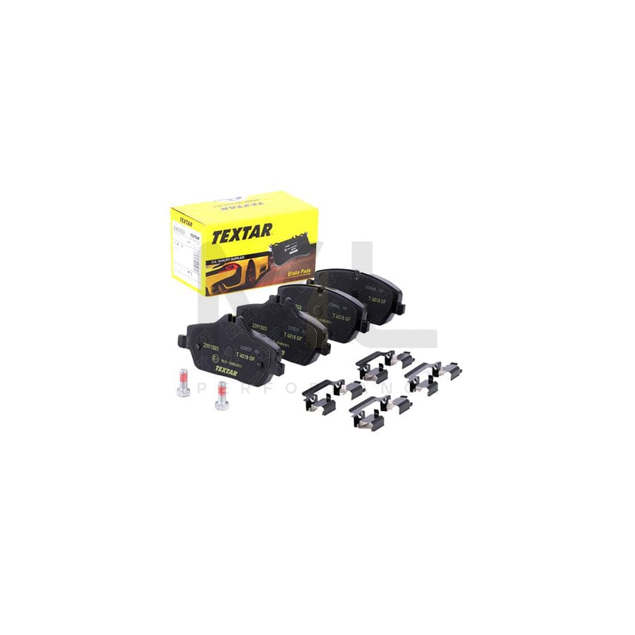 TEXTAR 2391503 Brake pad set prepared for wear indicator, with brake caliper screws, with accessories