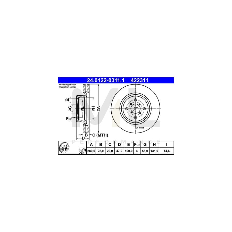 ATE 24.0122-0311.1 Brake Disc for TOYOTA YARIS Vented, Coated  - 1 piece