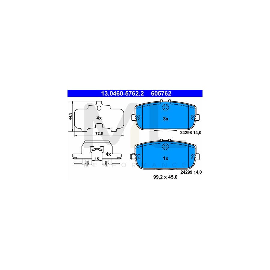 ATE 13.0460-5762.2 Brake pad set with acoustic wear warning, with anti-squeak plate, with accessories