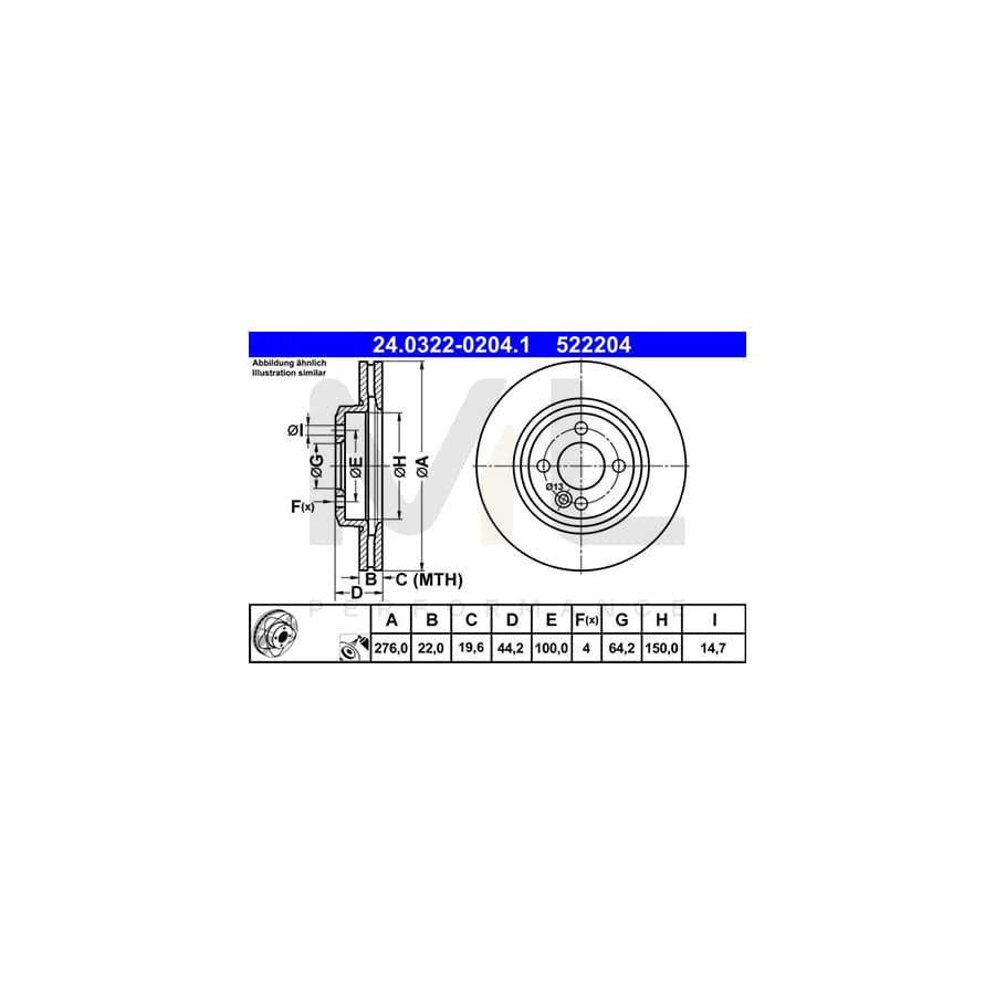ATE PowerDisc 24.0322-0204.1 Brake Disc Vented, Coated, High-carbon  - 1 piece