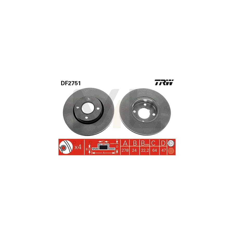 TRW DF2751 Brake Disc Vented, Painted, High-carbon  - 1 piece