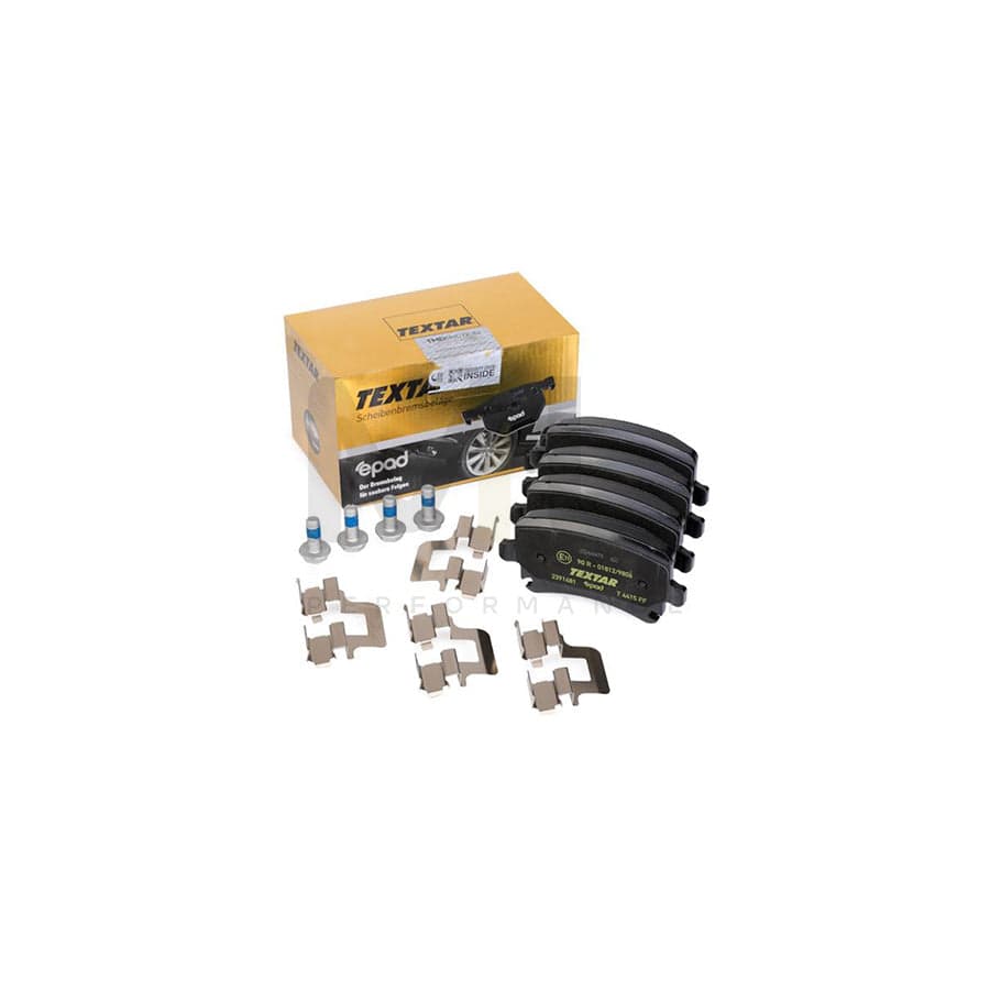 TEXTAR epad 2391481 Brake pad set prepared for wear indicator, with brake caliper screws, with accessories