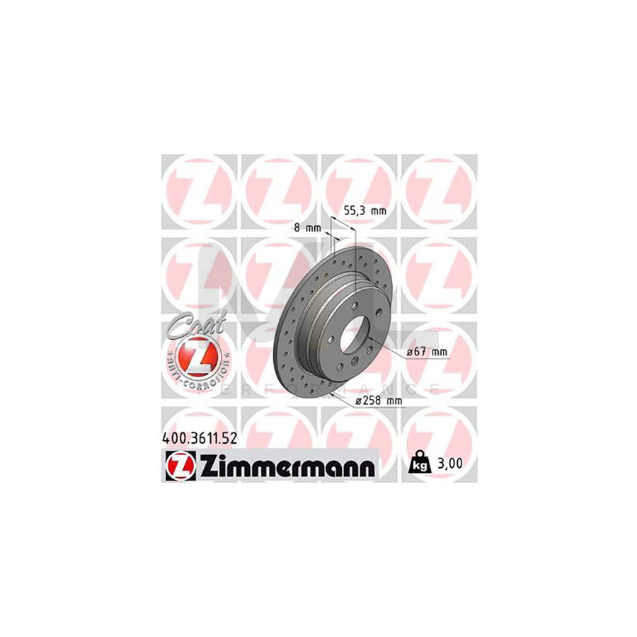 ZIMMERMANN SPORT COAT Z 400.3611.52 Brake Disc Perforated, Solid, Coated  - 1 piece