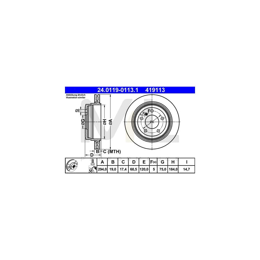 ATE 24.0119-0113.1 Brake Disc for BMW 3 Series Vented, Coated, High-carbon, with bolts/screws  - 1 piece