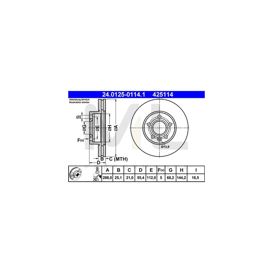 ATE 24.0125-0114.1 Brake Disc Vented, Coated, High-carbon, with bolts/screws  - 1 piece