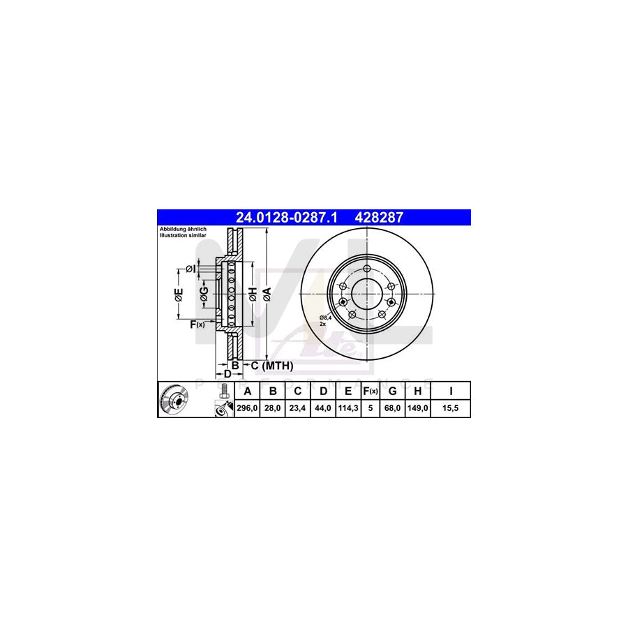 ATE 24.0128-0287.1 Brake Disc Vented, Coated, High-carbon, with bolts/screws  - 1 piece