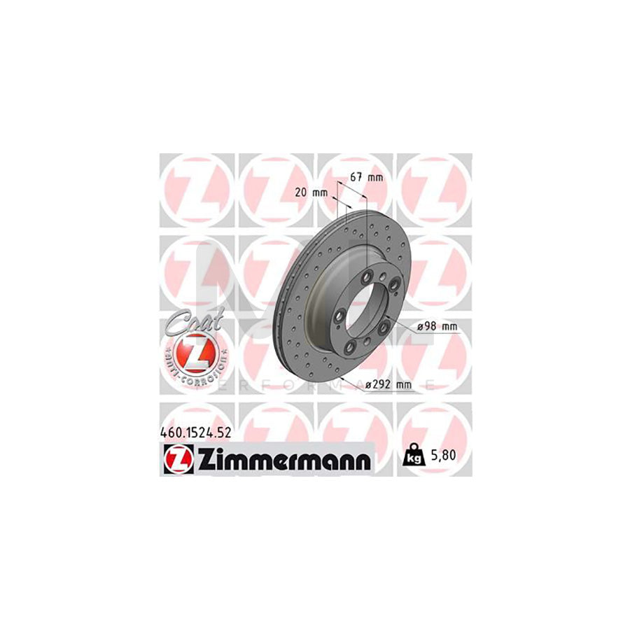 ZIMMERMANN SPORT COAT Z 460.1524.52 Brake Disc for PORSCHE Boxster (986) Internally Vented, Perforated, Coated  - 1 piece