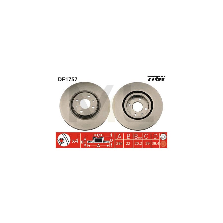 TRW DF1757 Brake Disc Vented, Painted, High-carbon  - 1 piece
