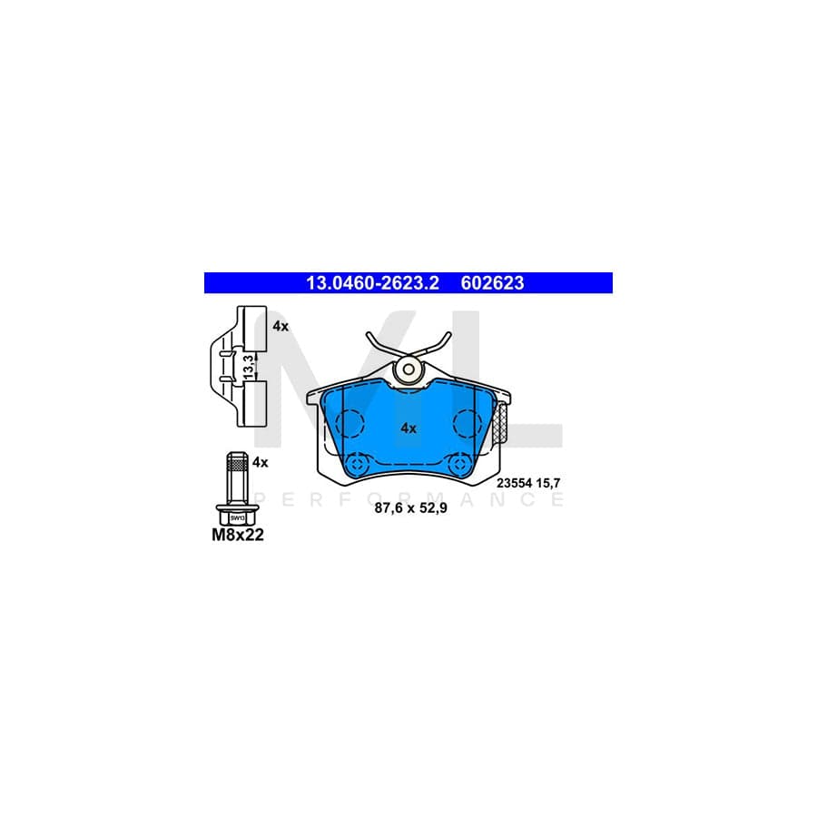 ATE 13.0460-2623.2 Brake pad set excl. wear warning contact, not prepared for wear indicator, with brake caliper screws, with accessories