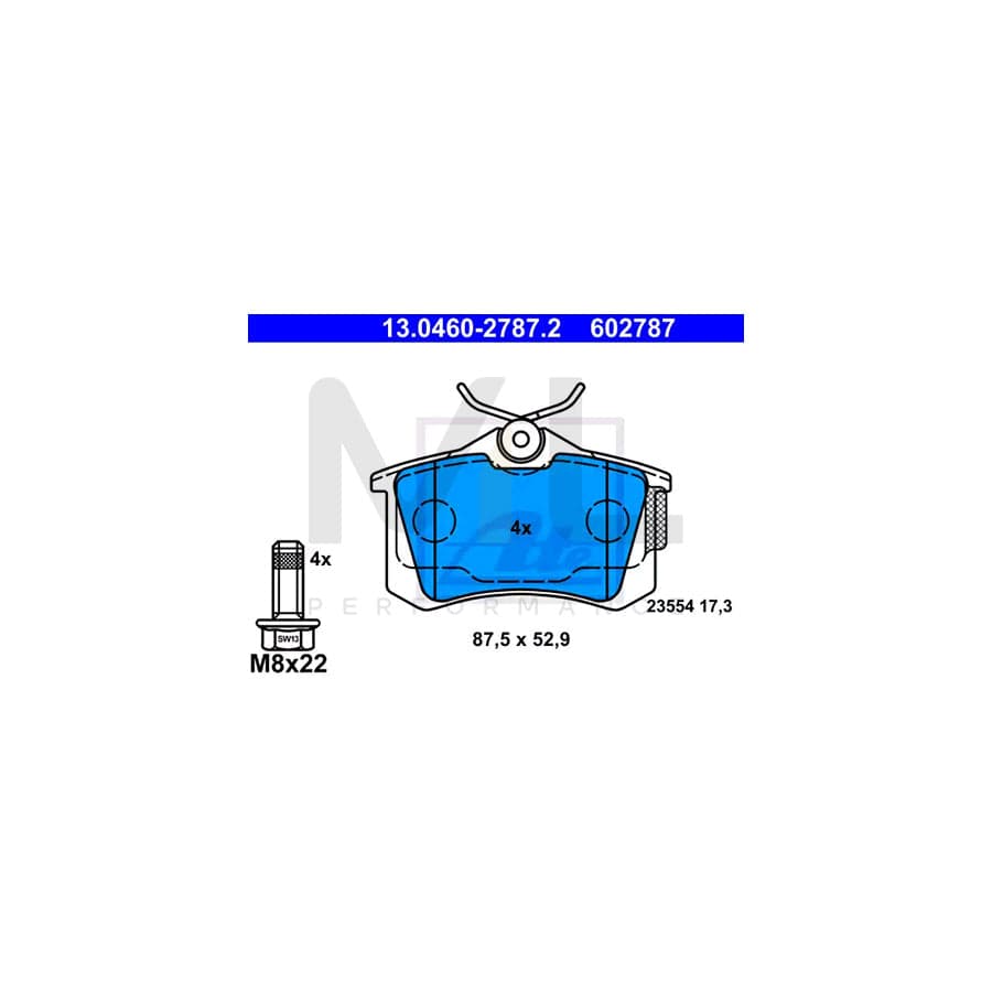 ATE 13.0460-2787.2 Brake pad set excl. wear warning contact, not prepared for wear indicator, with brake caliper screws