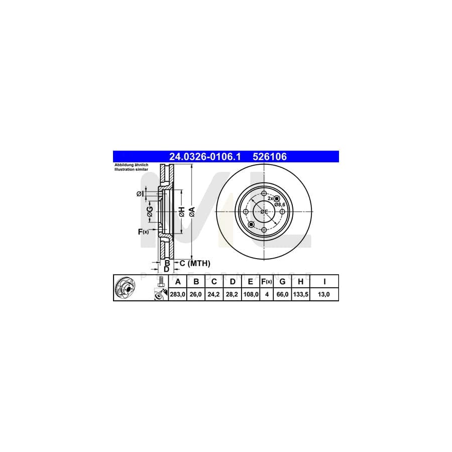 ATE PowerDisc 24.0326-0106.1 Brake Disc Vented, Coated, with bolts/screws  - 1 piece