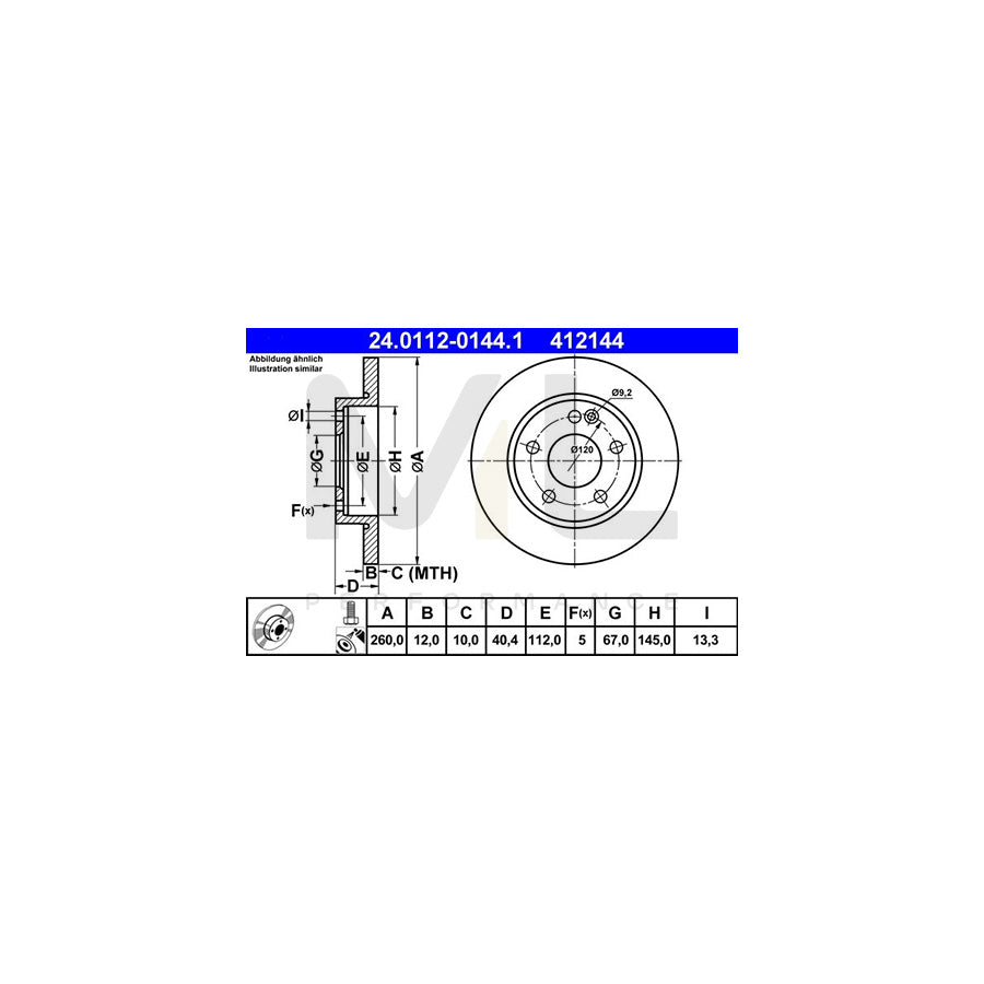 ATE 24.0112-0144.1 Brake Disc suitable for MERCEDES-BENZ A-Class (W168) Solid, Coated, Alloyed / High-carbon, with bolts/screws  - 1 piece