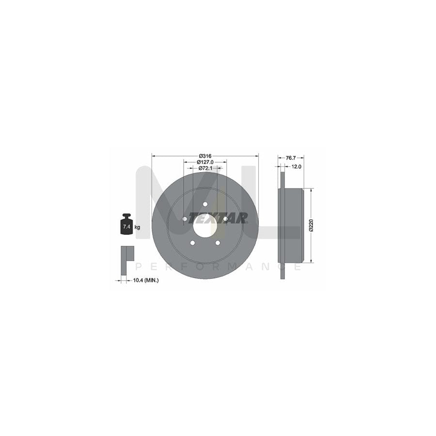 TEXTAR 92227700 Brake Disc for JEEP WRANGLER Solid, without wheel hub, without wheel studs  - 1 piece