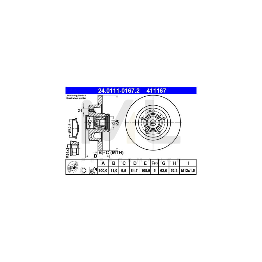 ATE 24.0111-0167.2 Brake Disc for RENAULT Vel Satis Solid, Coated, with ABS sensor ring, with wheel bearing  - 1 piece