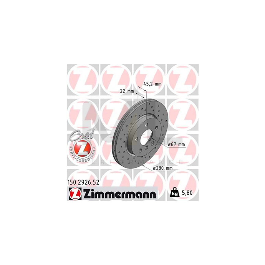 ZIMMERMANN SPORT COAT Z 150.2926.52 Brake Disc Internally Vented, Perforated, Coated, High-carbon  - 1 piece
