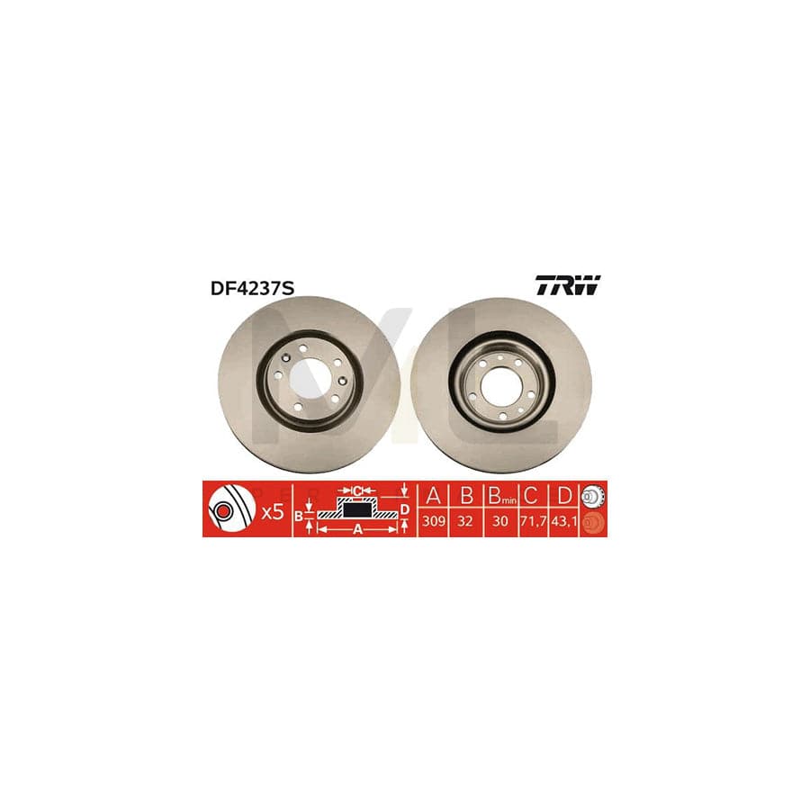 TRW DF4237S Brake Disc for PEUGEOT 607 Saloon Vented  - 1 piece