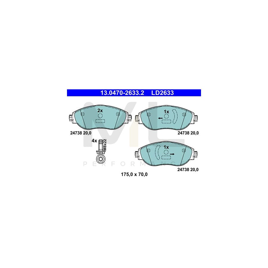ATE 13.0470-2633.2 Brake pad set not prepared for wear indicator, without integrated wear warning contact, with brake caliper screws