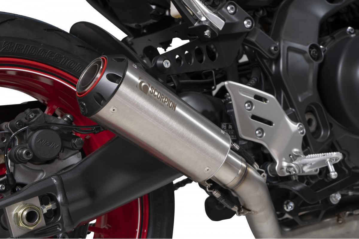 Scorpion PYA116SYSSEO Yamaha MT-09 Red Power Full System - Brushed Stainless Steel Sleeve | ML Performance UK UK