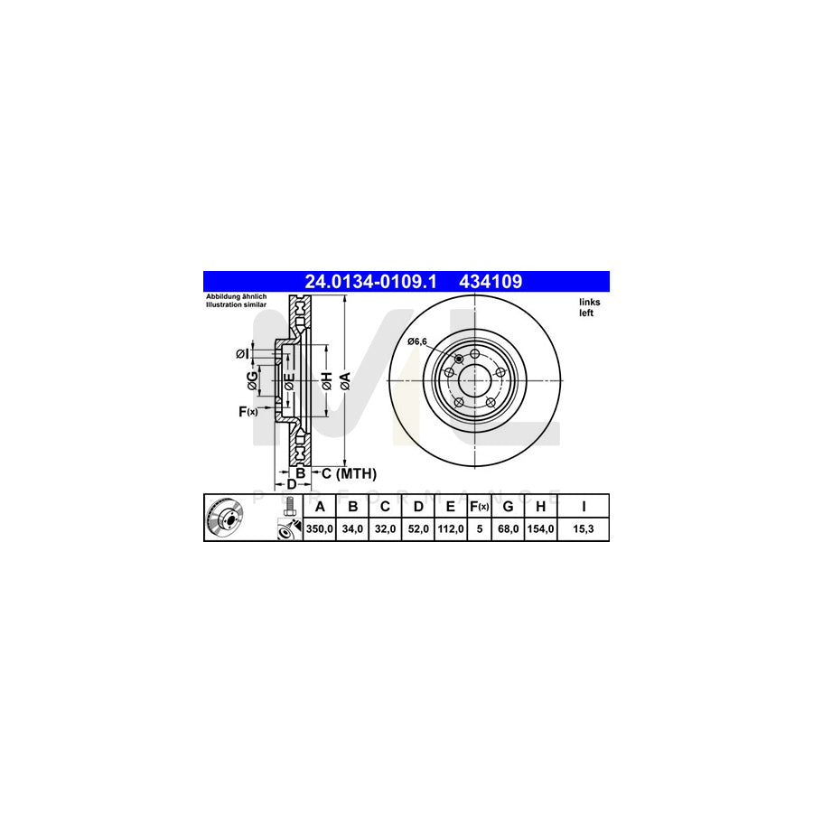 ATE 24.0134-0109.1 Brake Disc for PORSCHE Macan (95B) Vented, Coated, High-carbon, with bolts/screws