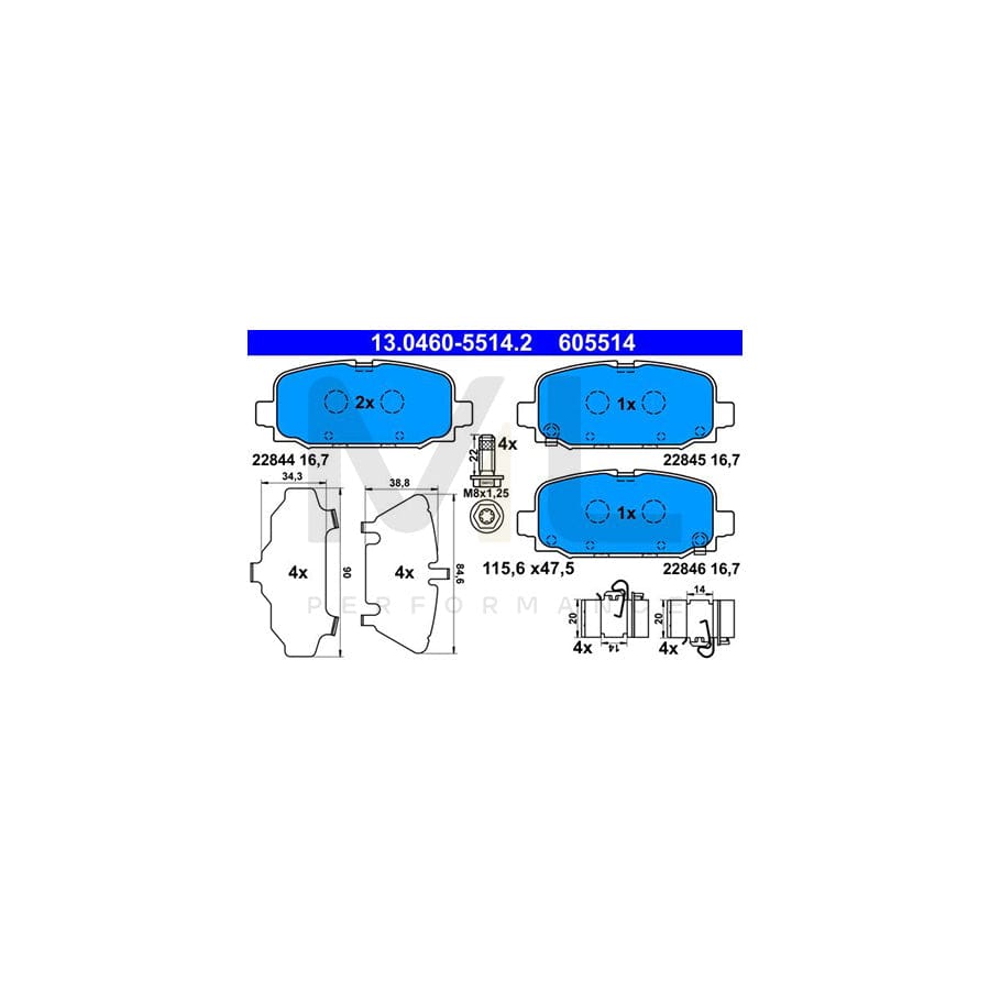 ATE 13.0460-5514.2 Brake pad set for JEEP Compass (MP, M6) with acoustic wear warning, with anti-squeak plate, with accessories
