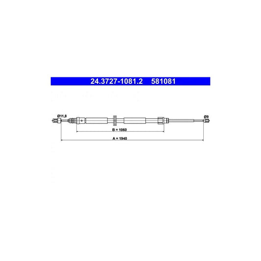 ATE 24.3727-1081.2 Hand Brake Cable for Renault Megane III Grandtour (Kz)