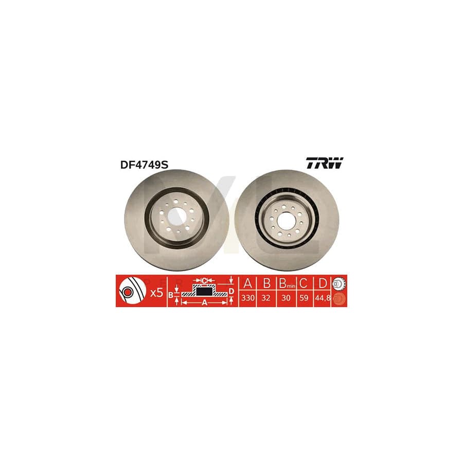 TRW DF4749S Brake Disc Vented, Painted, High-carbon  - 1 piece