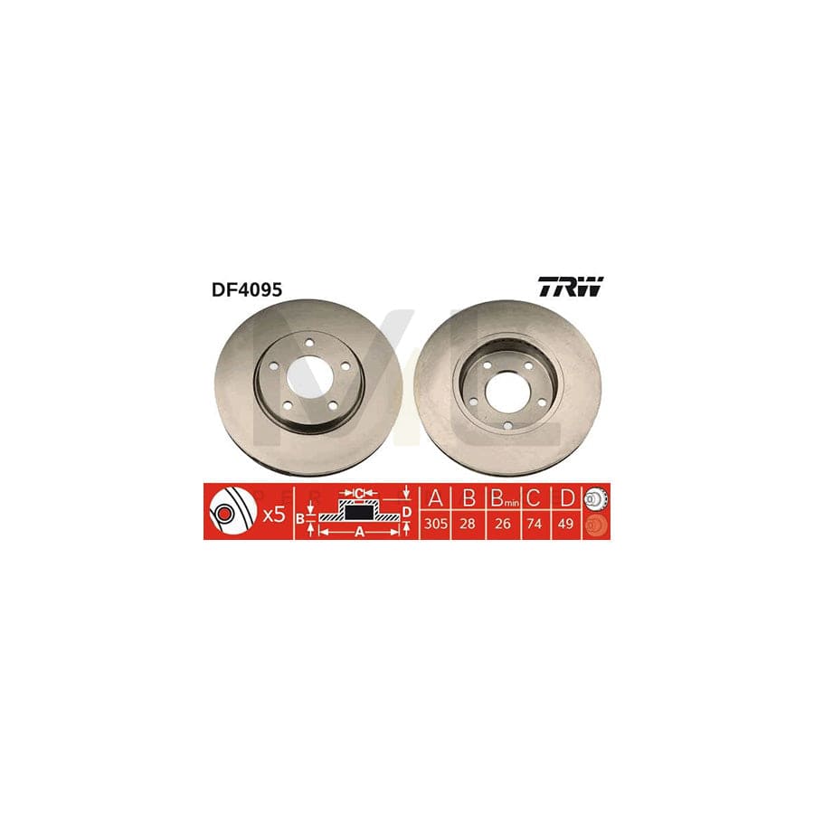 TRW DF4095 Brake Disc Vented, Painted, High-carbon  - 1 piece
