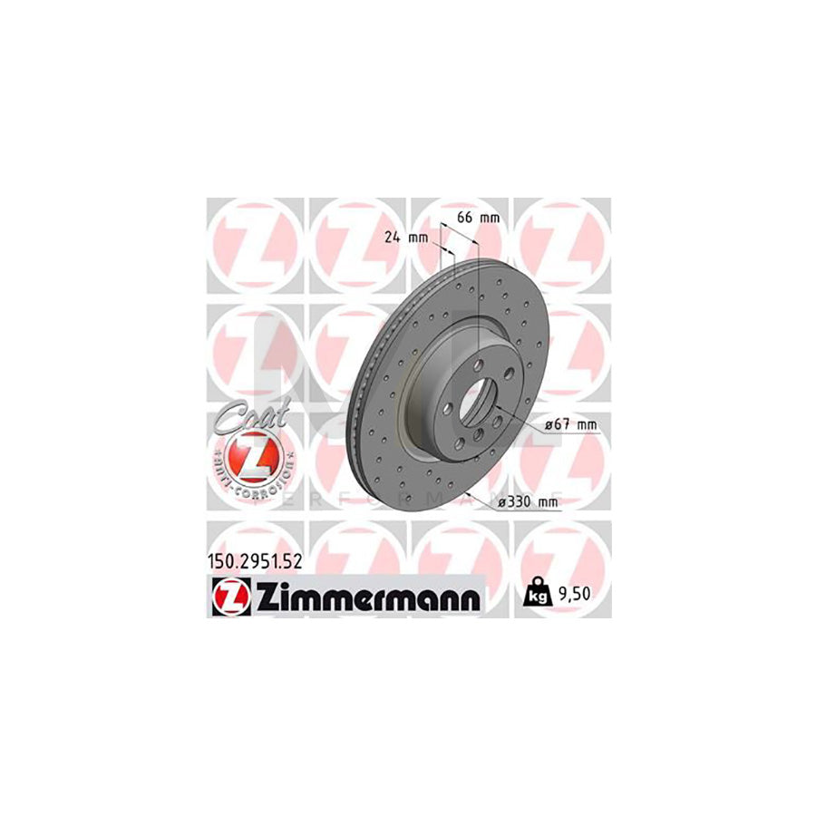 ZIMMERMANN 150.2951.52 Brake Disc Internally Vented, Perforated, Coated, High-carbon  - 1 piece