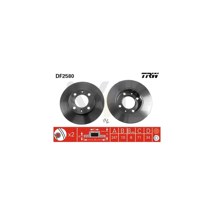 TRW DF2580 Brake Disc for PEUGEOT 405 Solid, Painted, with bolts/screws  - 1 piece