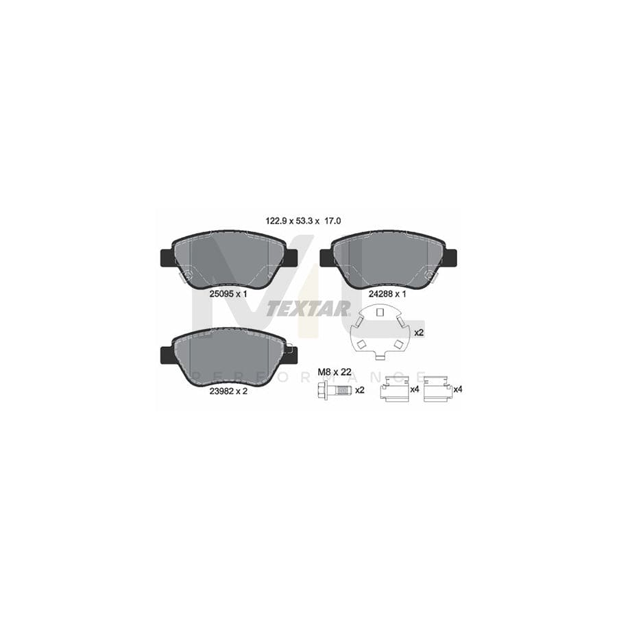TEXTAR 2509501 Brake pad set with acoustic wear warning, with brake caliper screws, with accessories