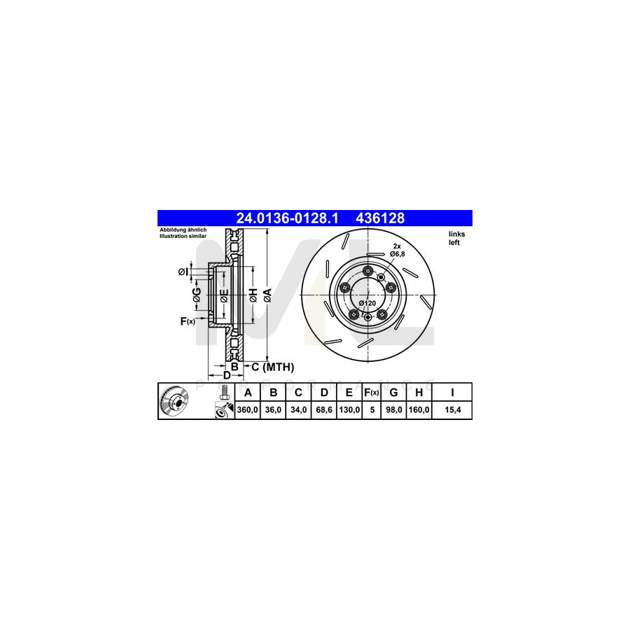 ATE 24.0136-0128.1 Brake Disc for PORSCHE Panamera (970) Slotted / Internally Vented, Coated, Alloyed / High-carbon, with bolts/screws