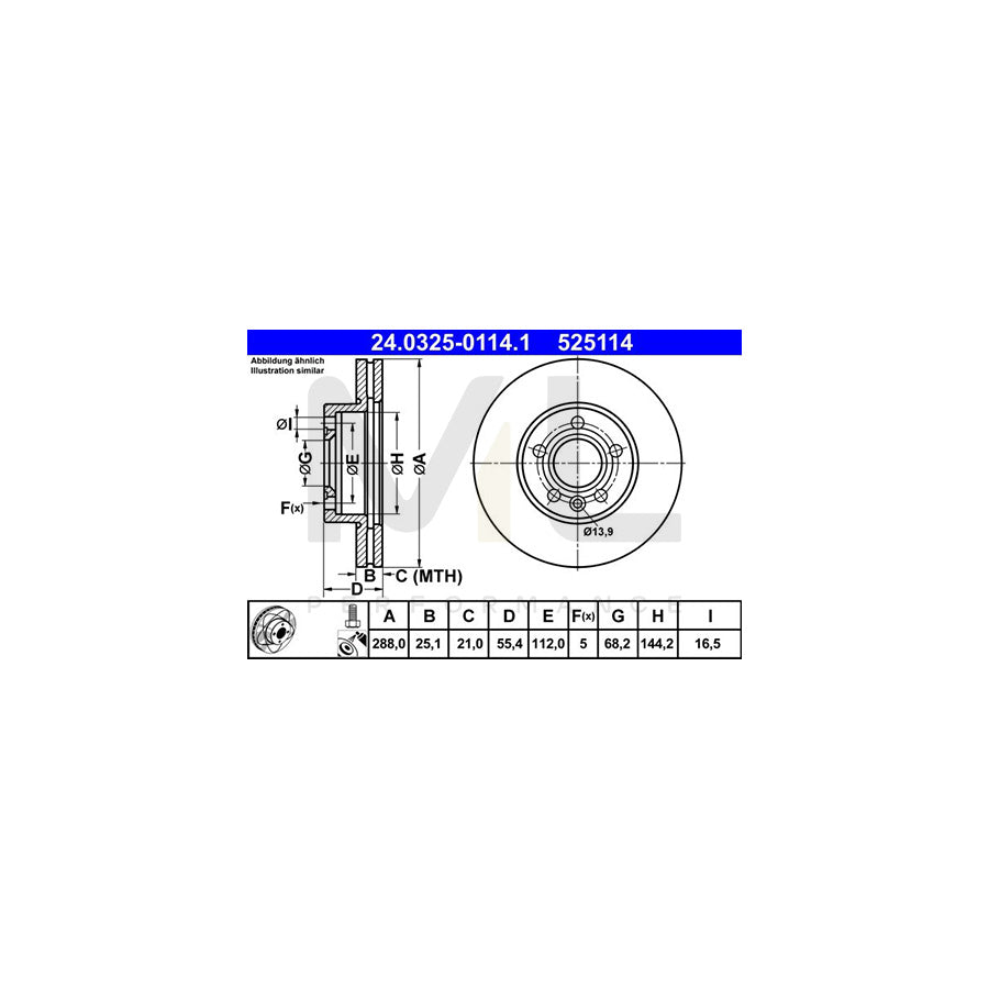 ATE PowerDisc 24.0325-0114.1 Brake Disc Vented, Coated, High-carbon, with bolts/screws  - 1 piece