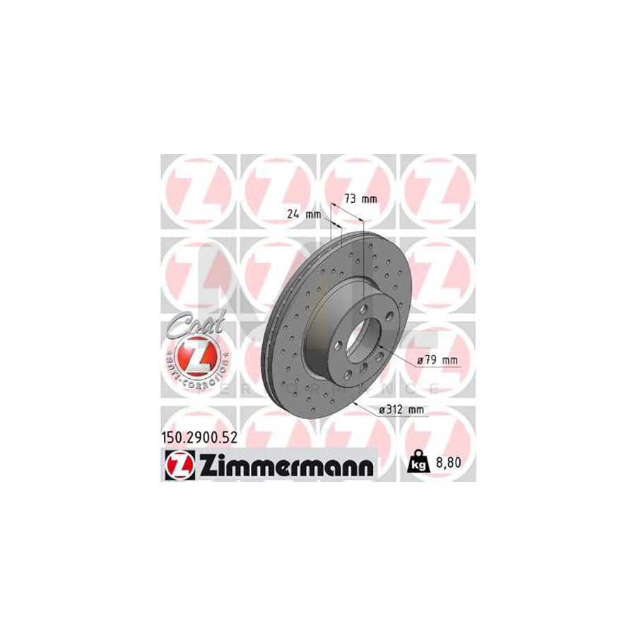 ZIMMERMANN SPORT COAT Z 150.2900.52 Brake Disc Internally Vented, Perforated, Coated, High-carbon  - 1 piece