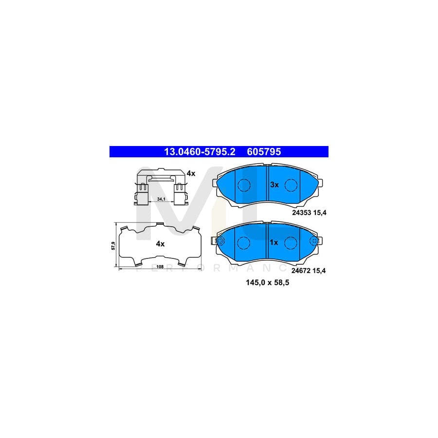 ATE 13.0460-5795.2 Brake pad set with acoustic wear warning, with anti-squeak plate, with accessories