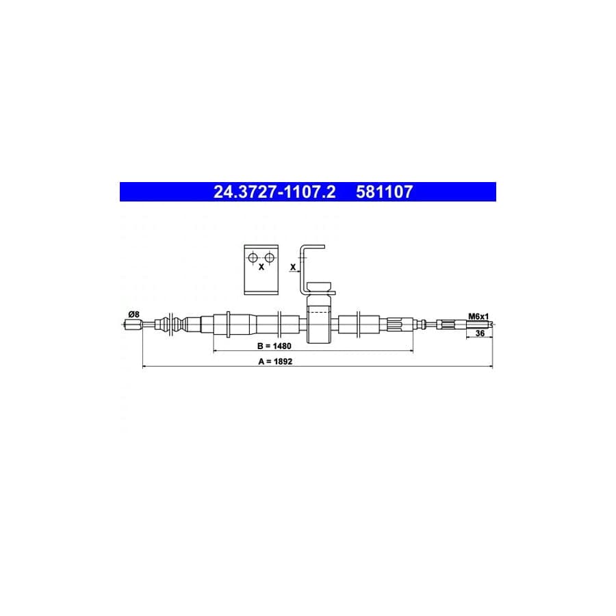 ATE 24.3727-1107.2 Hand Brake Cable for Saab 9000