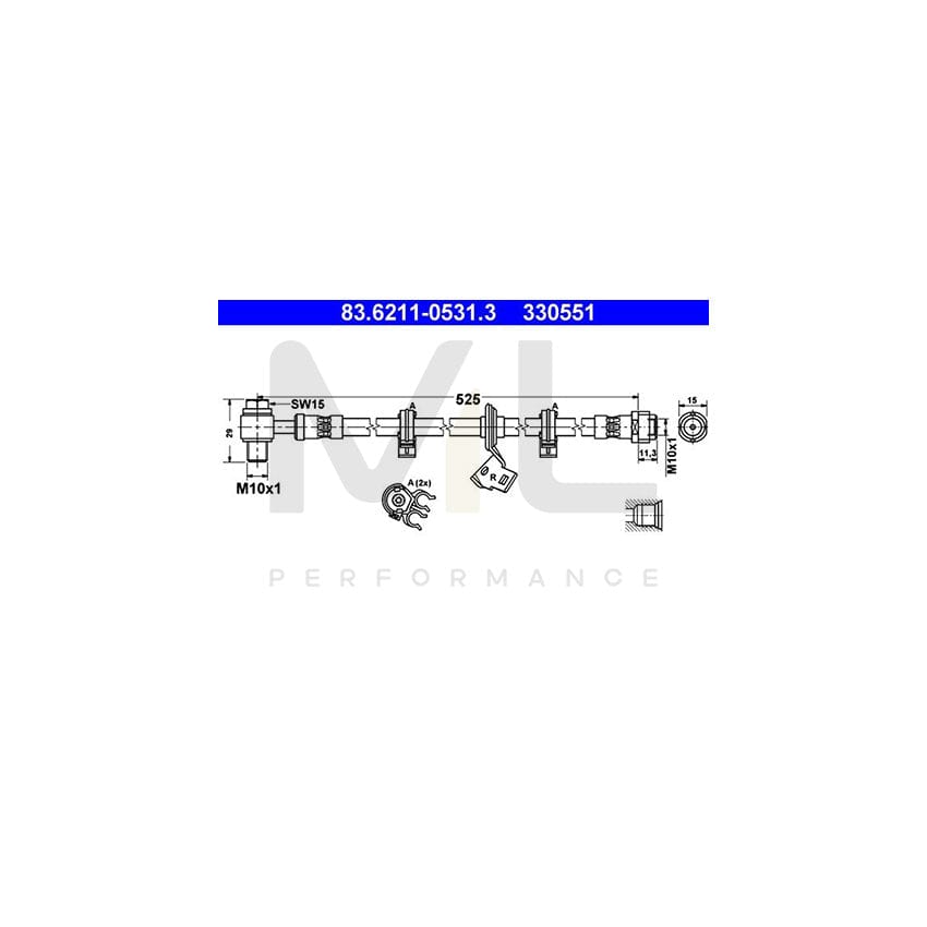 ATE 83.6211-0531.3 Brake Hose suitable for MERCEDES-BENZ ML-Class (W163) 525mm, M10x1
