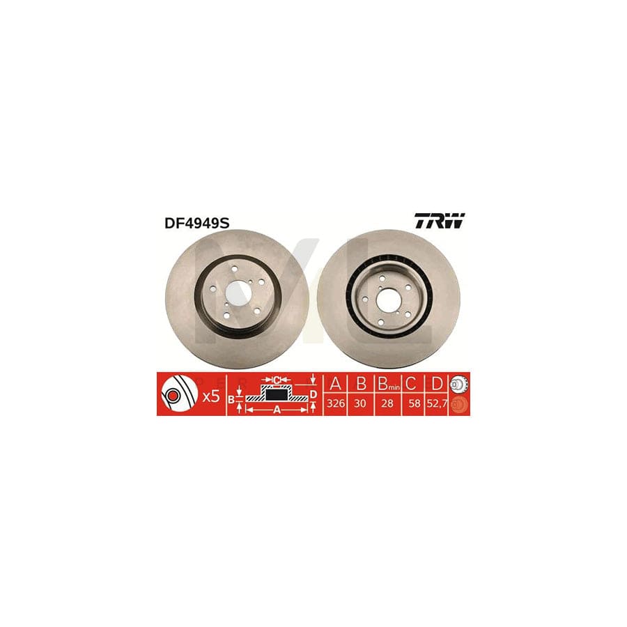TRW DF4949S Brake Disc Vented, Painted, High-carbon  - 1 piece