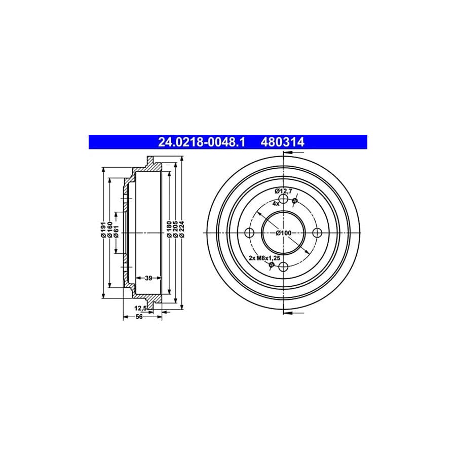 ATE 24.0218-0048.1 Brake Drum for Honda Jazz Hatchback (Gd, Ge3, Ge2)