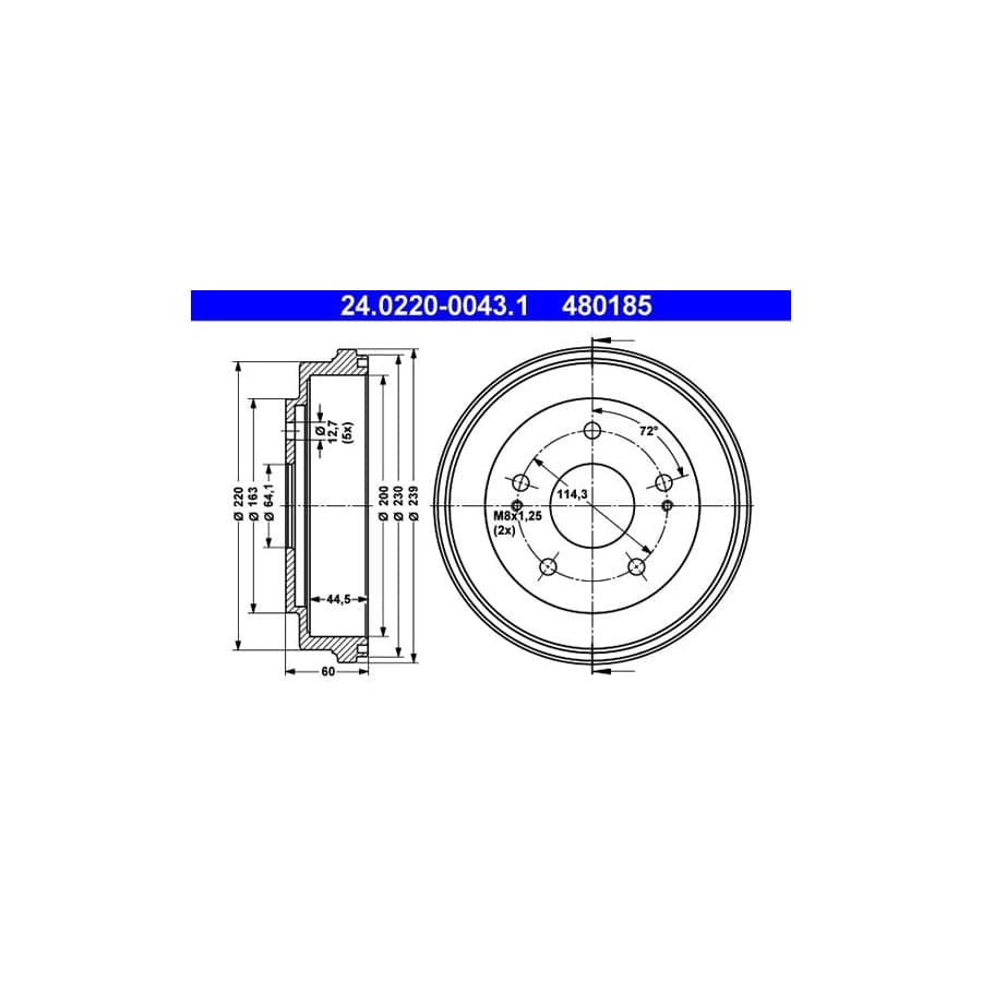 ATE 24.0220-0043.1 Brake Drum for Honda Hr-V I (Gh)